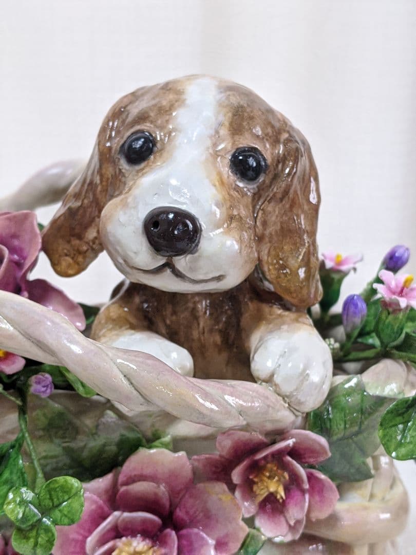 【ひろりん】クレイフラワー♥かごにお花とプードル♥ハンドメイド