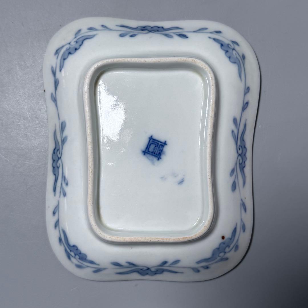 明治時代　有田焼　岩松平吾　色絵軍配形皿　五枚　角岩印　陽刻　珍品　残り僅か