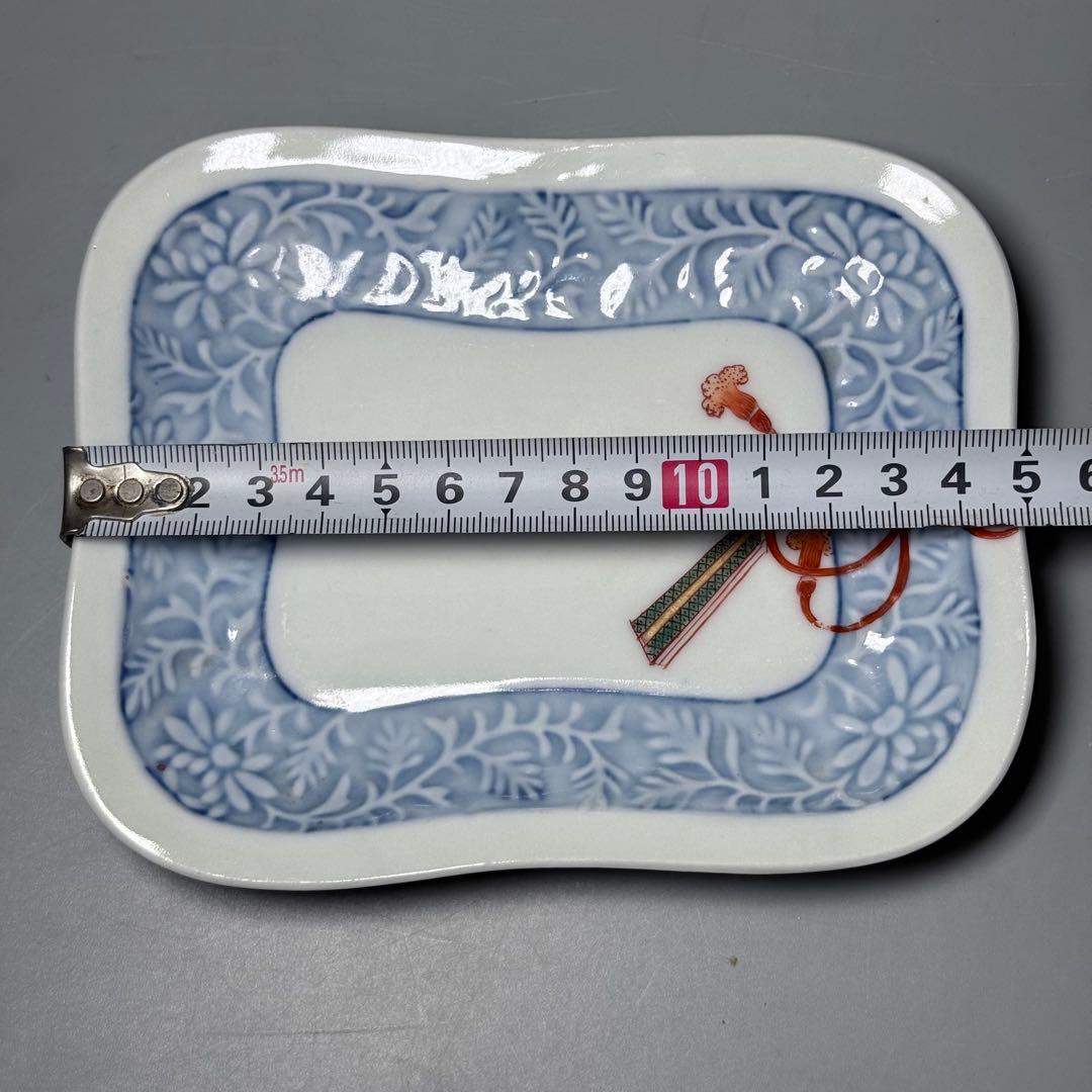 明治時代　有田焼　岩松平吾　色絵軍配形皿　五枚　角岩印　陽刻　珍品　残り僅か