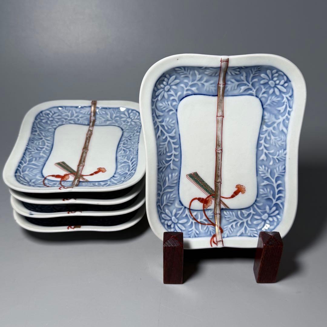 明治時代　有田焼　岩松平吾　色絵軍配形皿　五枚　角岩印　陽刻　珍品　残り僅か