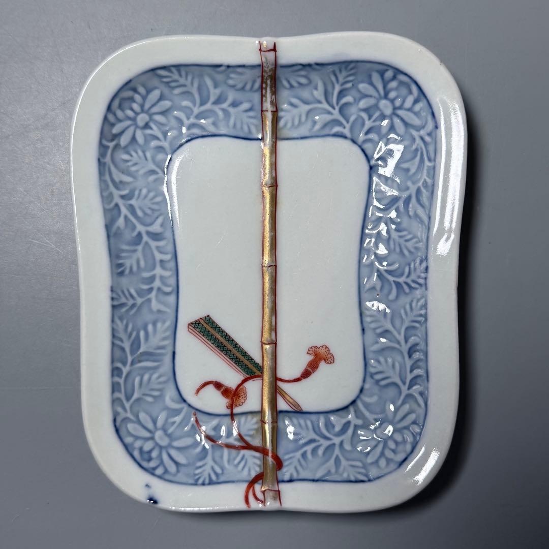 明治時代　有田焼　岩松平吾　色絵軍配形皿　五枚　角岩印　陽刻　珍品　残り僅か