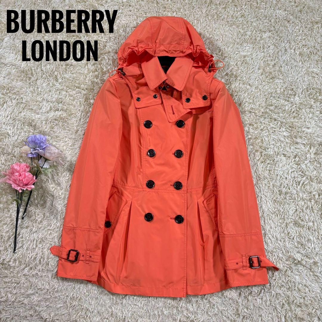 美品　バーバリーロンドン　ノバチェック　フード取り外し　トレンチコート　オレンジ
