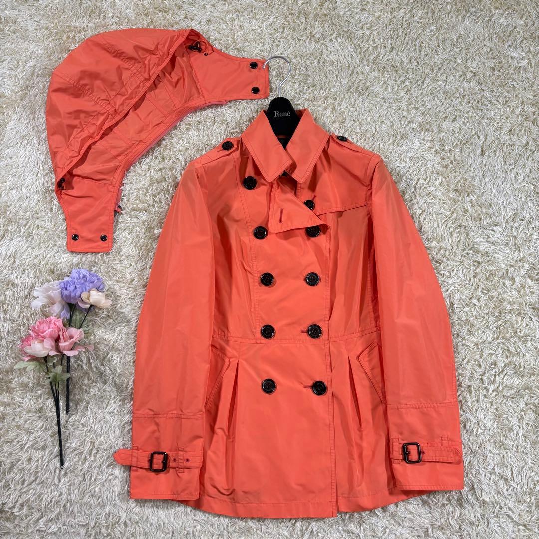 美品　バーバリーロンドン　ノバチェック　フード取り外し　トレンチコート　オレンジ