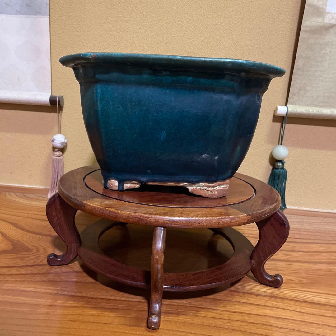 盆栽鉢 陶器製 八角形 釉薬 広東鉢 大型