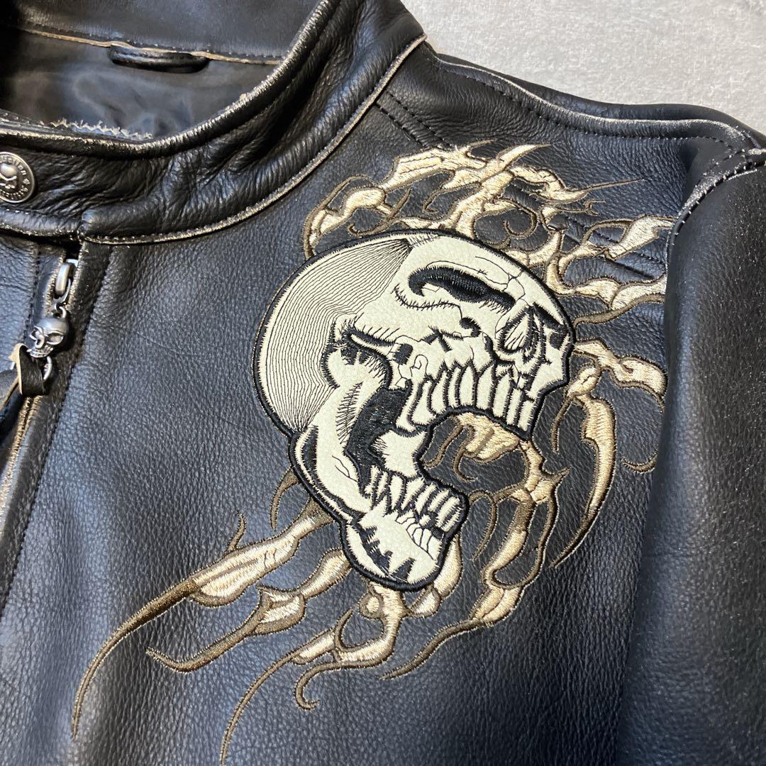 【美品】 Affliction シングルライダースジャケット スカル 刺繍 XL