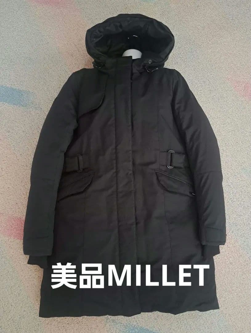 ★美品★【MILLET】レディースフード付ロング丈ダウンジャケット 黒　LL