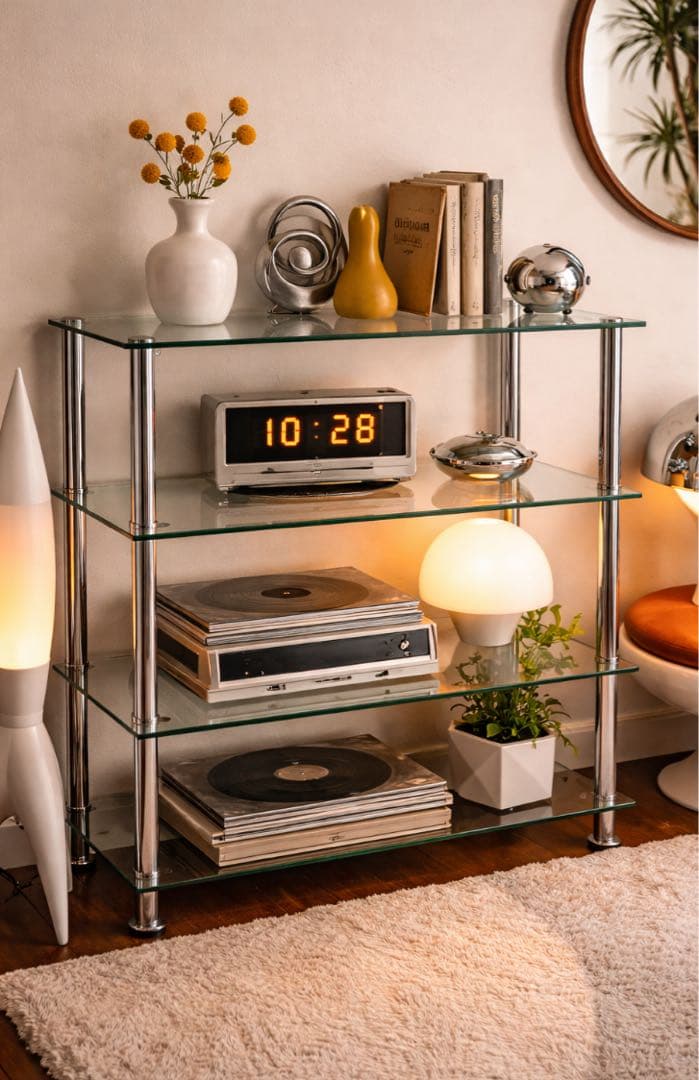 ガラス製3段シェルフ ミッドセンチュリー レトロモダン ポップ スペースエイジ