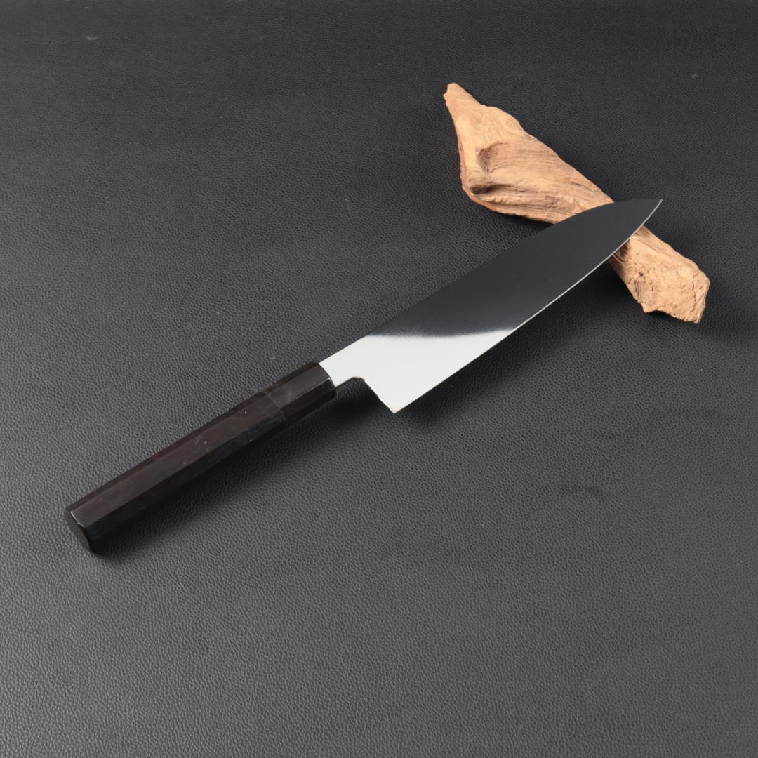 11038牛刀7寸家庭用 業務用 刺身包丁 鏡面仕上げ 両刃 黒檀黒水牛角八角柄