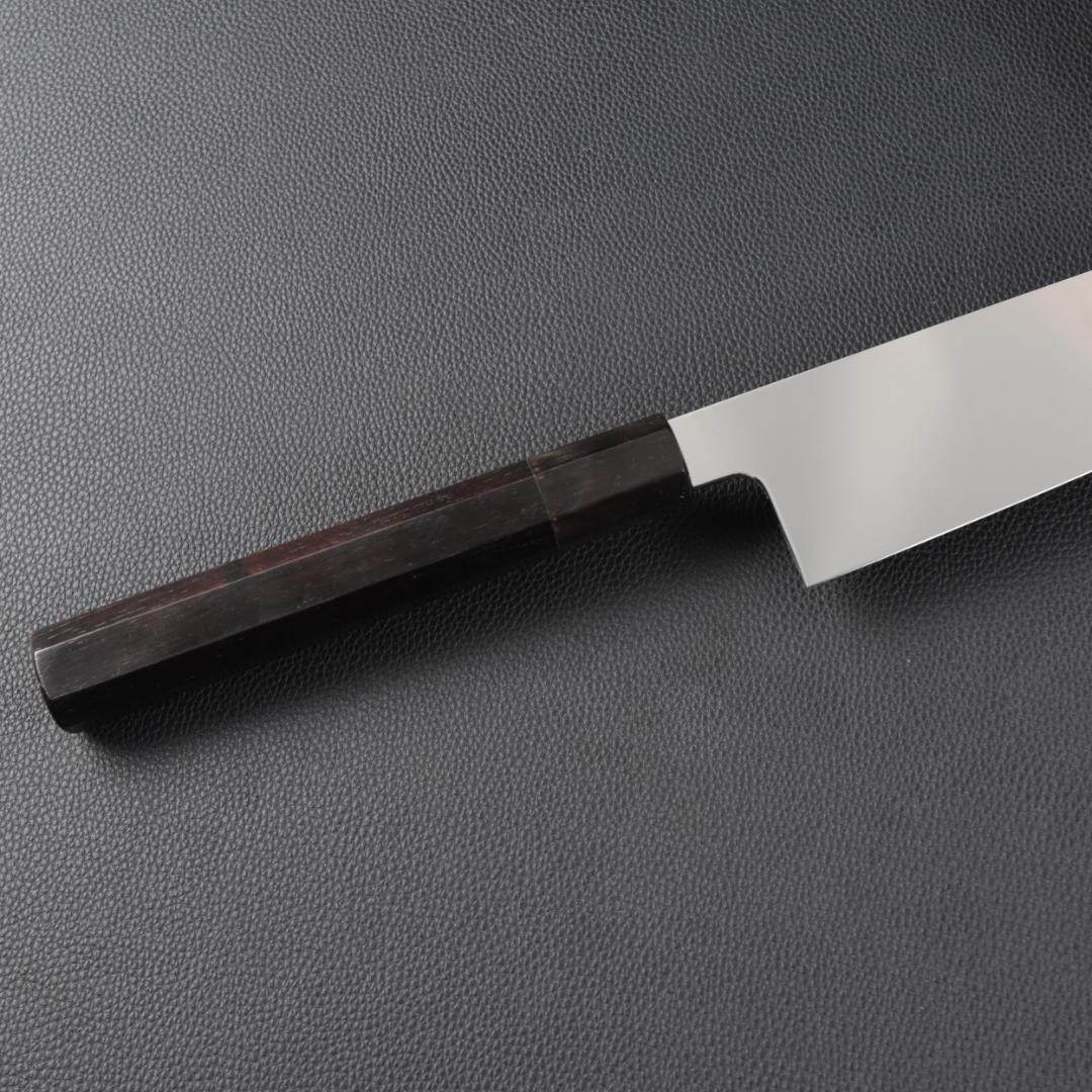11038牛刀7寸家庭用 業務用 刺身包丁 鏡面仕上げ 両刃 黒檀黒水牛角八角柄