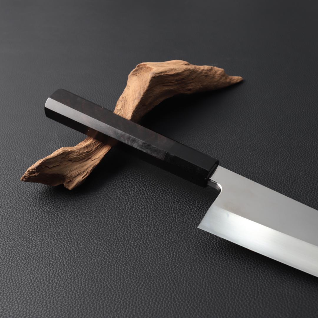 10744鏡面仕上げ 出刃包丁 6寸 刃渡り180 刺身包丁 黒檀黒水牛角八角柄