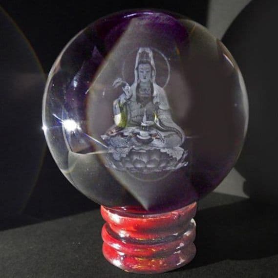 白衣観音 坐像 水晶 彫刻 台付 化粧箱付