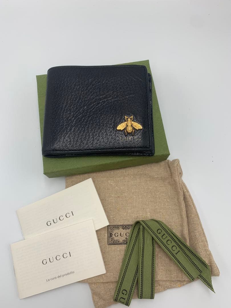 【美品】グッチ 二つ折り財布 アニマリエ ビー レザー ゴールド金具 P55