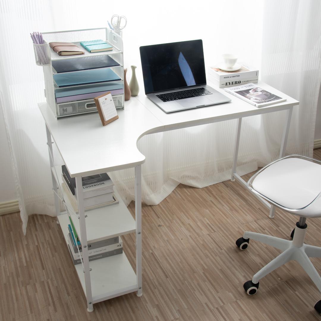 【ホワイト】パソコンデスク L字　120cm　2段ラック付 デスク木製 ミシン台