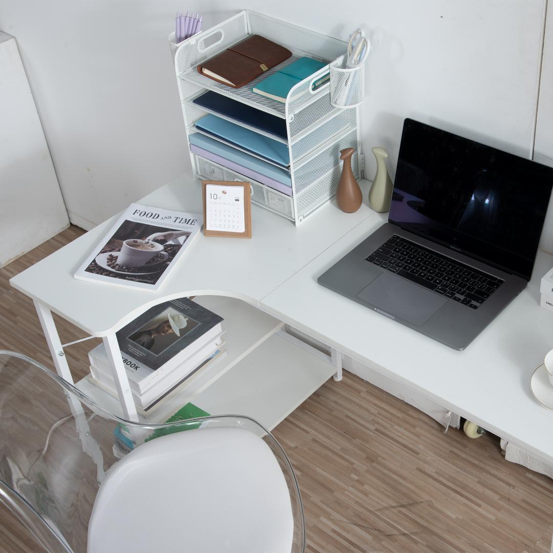 【ホワイト】パソコンデスク L字　120cm　2段ラック付 デスク木製 ミシン台