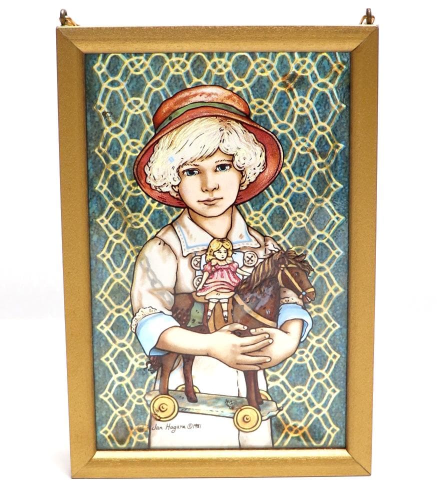 ジャン・ハガラ 帽子の少女と馬の人形 ヴィンテージ ステンドグラス ジョディ