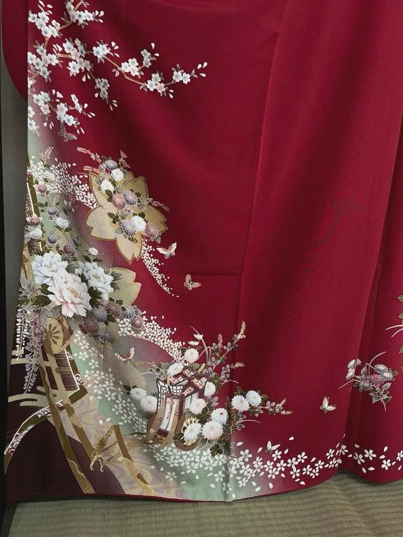 値下げ★ 中古　振袖　仕立て上がり　赤　えんじ色　NO.B12