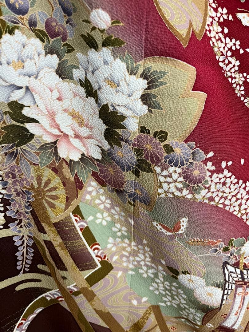 値下げ★ 中古　振袖　仕立て上がり　赤　えんじ色　NO.B12