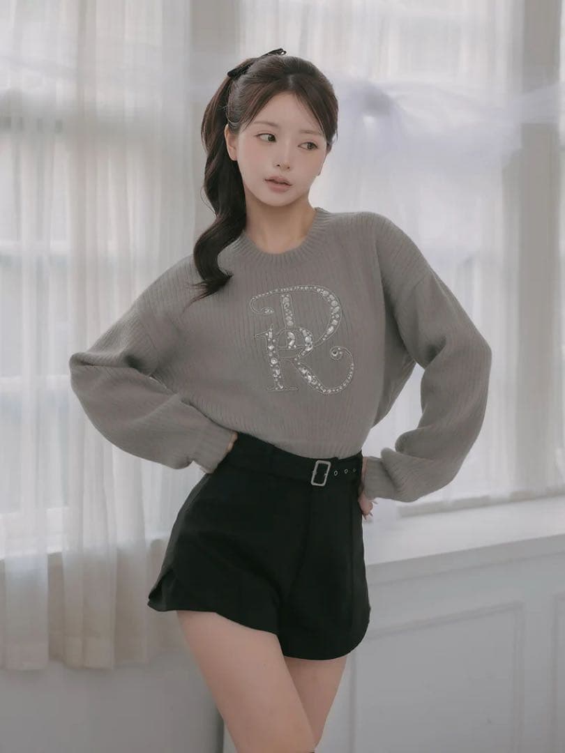 ♡ ダーリッチ Darich DRビジューボリュームリブニットトップス　グレー