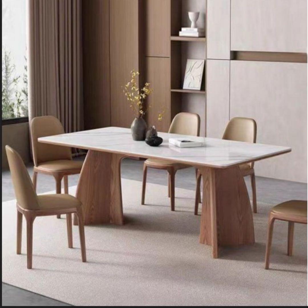 モダン ダイニングテーブルセット 大理石調 ウッドアーチ脚