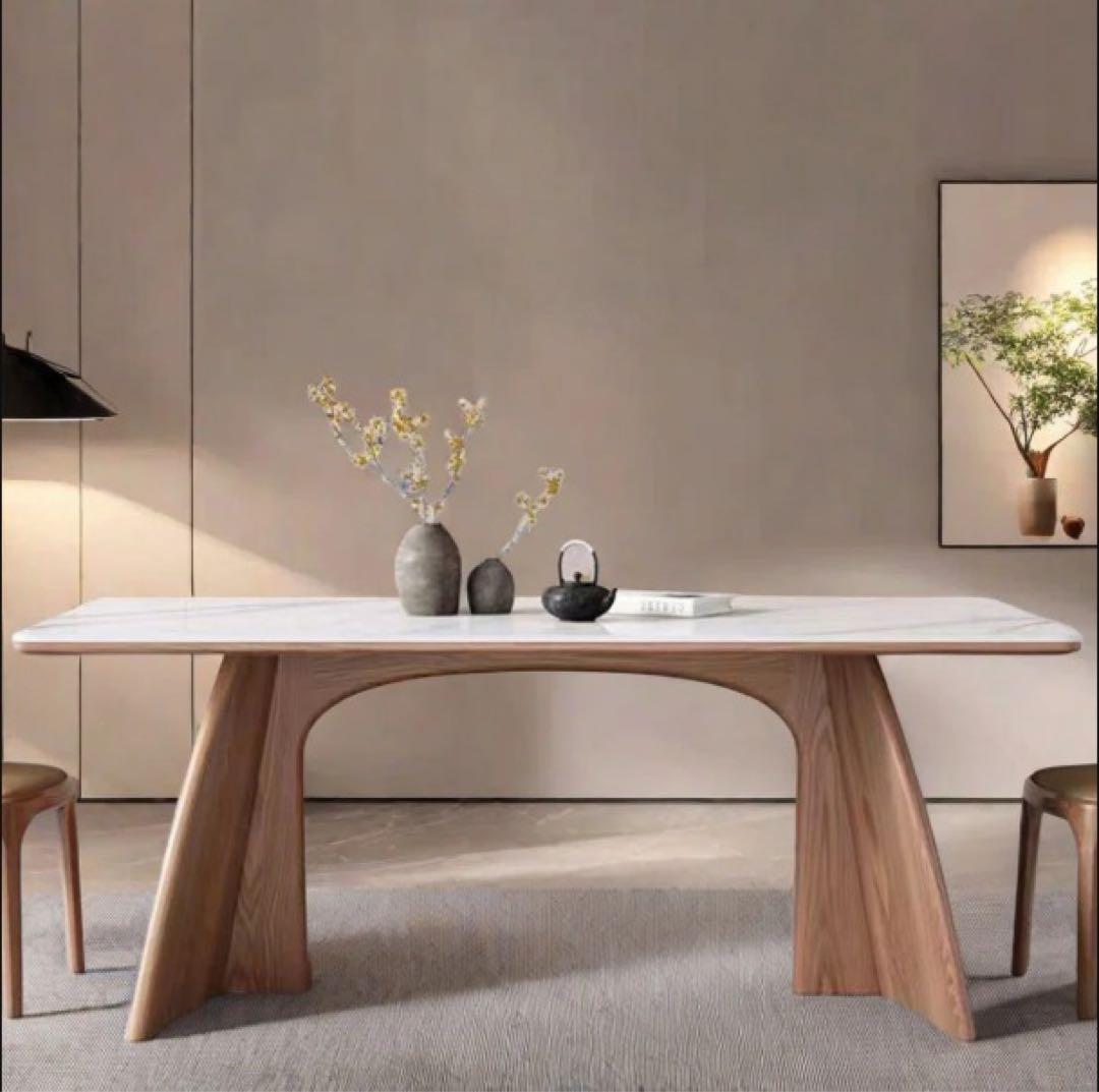 モダン ダイニングテーブルセット 大理石調 ウッドアーチ脚