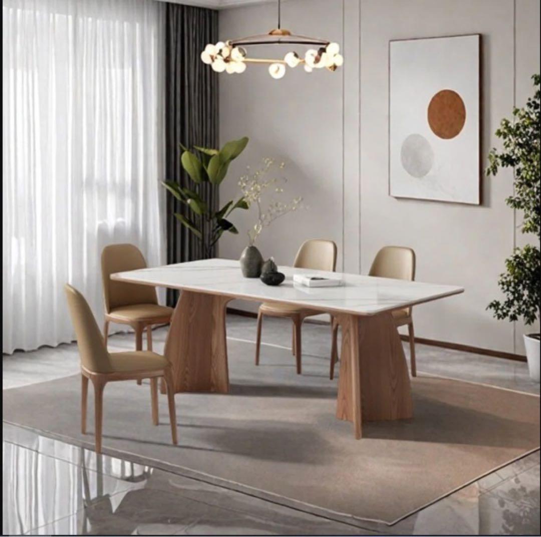 モダン ダイニングテーブルセット 大理石調 ウッドアーチ脚