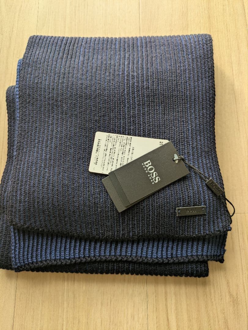 【新品未使用】HUGO BOSS ヒューゴボス ウールマフラー ネイビー