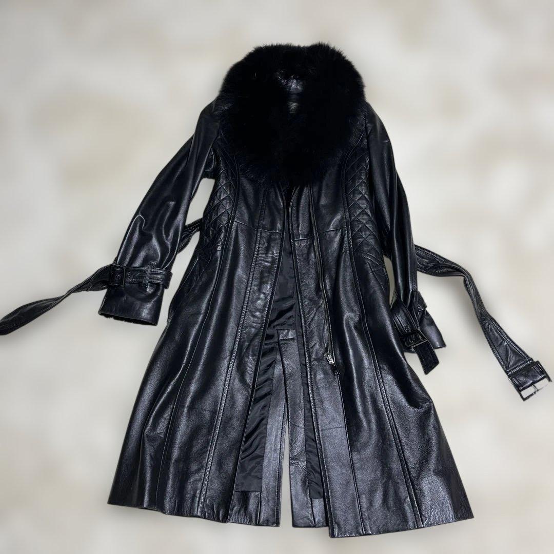 革コートピンキー&ダイアンベルトブルーフォックスファーブラック