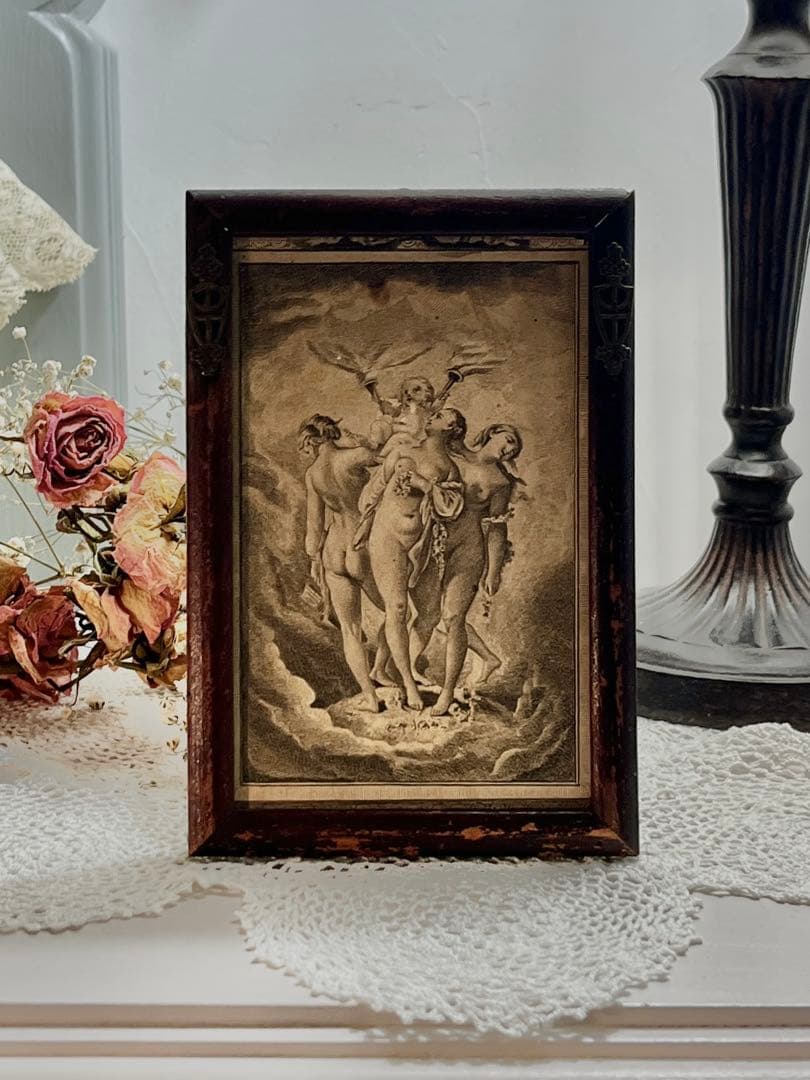 ◆フランスアンティーク｜1700年代名画三美神版画天使エンジェルヴィーナス木製