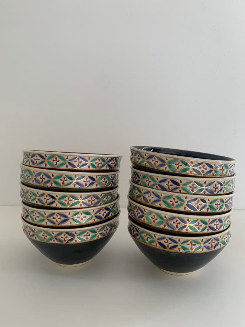 茶道具　城岳　天目釉七宝文数茶碗　10客