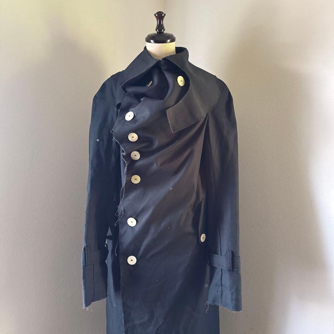 A.W.A.K.E MODE ドレープデザインブラックダブルブレストロングコート