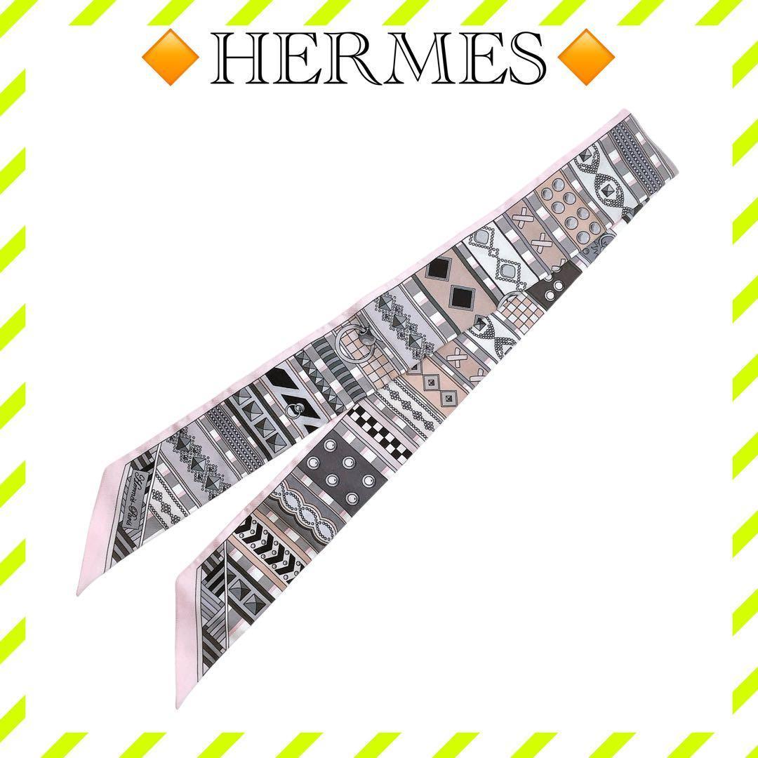 極美品 エルメス ツイリー スカーフ コリエドシアン ピンク グレー レディース