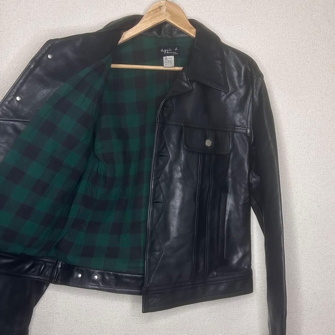 90s agnes b. homme レザージャケット 裏地チェック フランス製