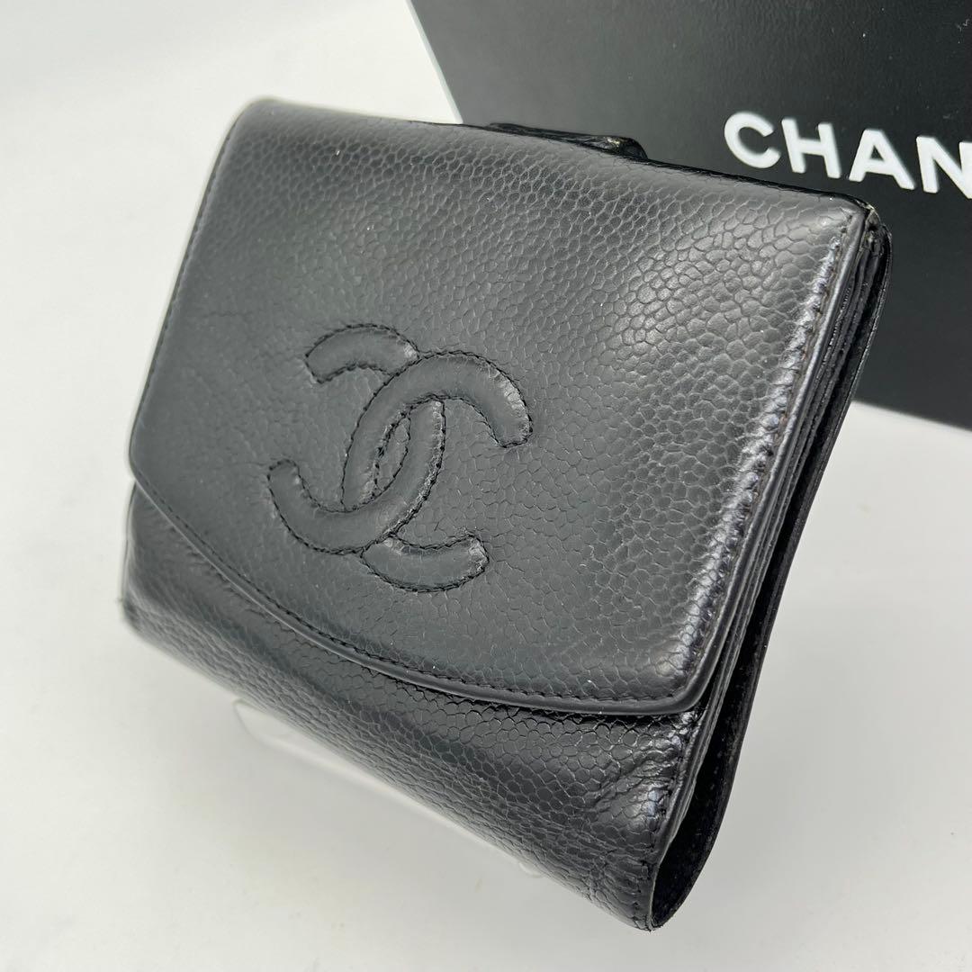 CHANEL 二つ折り財布 ココマーク コンパクト キャビアスキン 黒 レザー