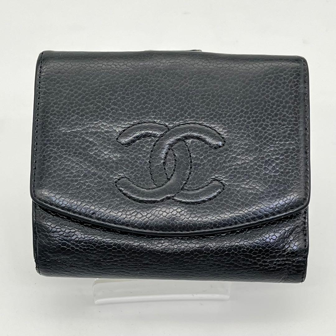 CHANEL 二つ折り財布 ココマーク コンパクト キャビアスキン 黒 レザー