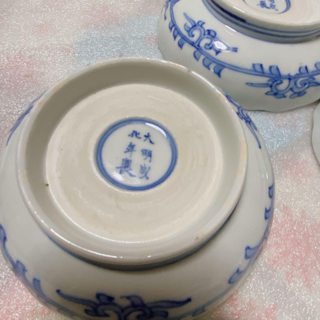 中国明中期　大明成化年製　青花　染付　賢人図　中鉢　5個　湯吞み　和食器　骨董