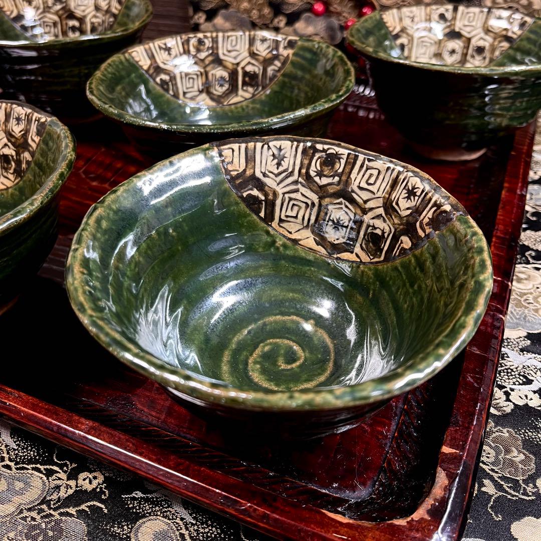 【mamataruto】 前畑陶器 庫山窯 織部 鉄絵亀甲 多様碗 セット