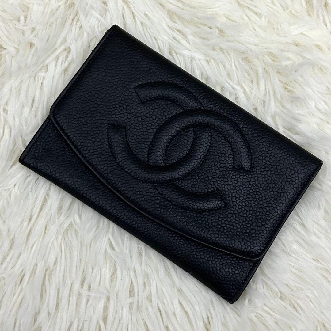 【美品】CHANEL ココマーク キャビアスキン 二つ折り財布 ブラック