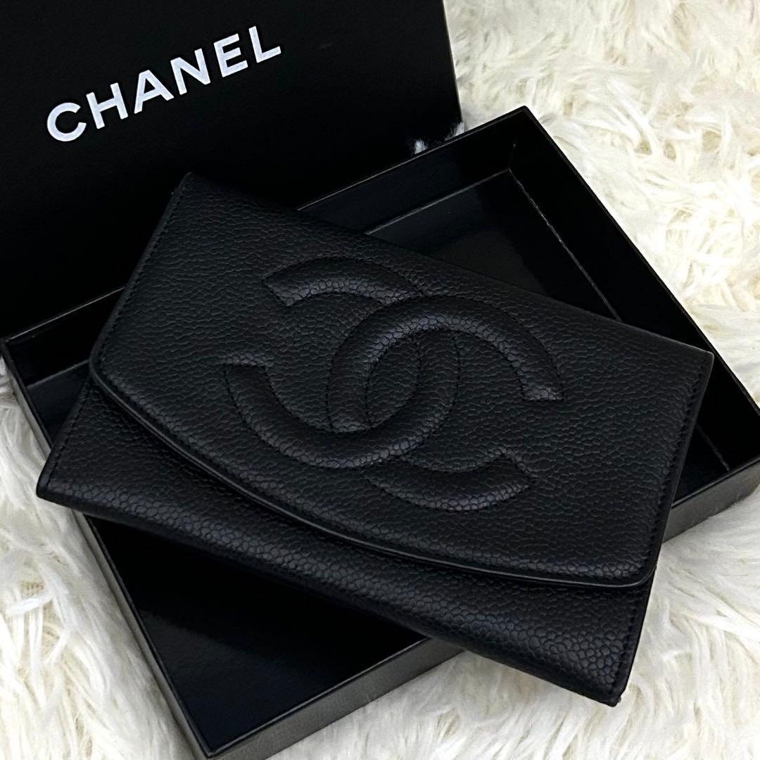 【美品】CHANEL ココマーク キャビアスキン 二つ折り財布 ブラック
