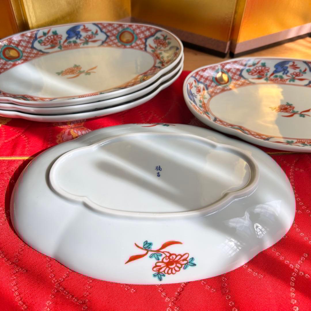 【未使用品】たち吉　橘吉　赤絵花鳥金彩丸紋　楕円皿5枚セット　希少　廃盤品