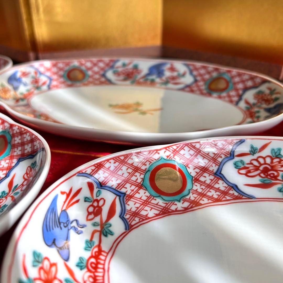 【未使用品】たち吉　橘吉　赤絵花鳥金彩丸紋　楕円皿5枚セット　希少　廃盤品
