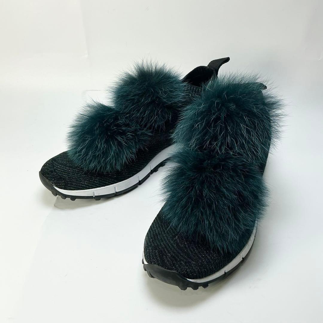 JIMMY CHOO　Norway　ファーポンポン付きニットスニーカー
