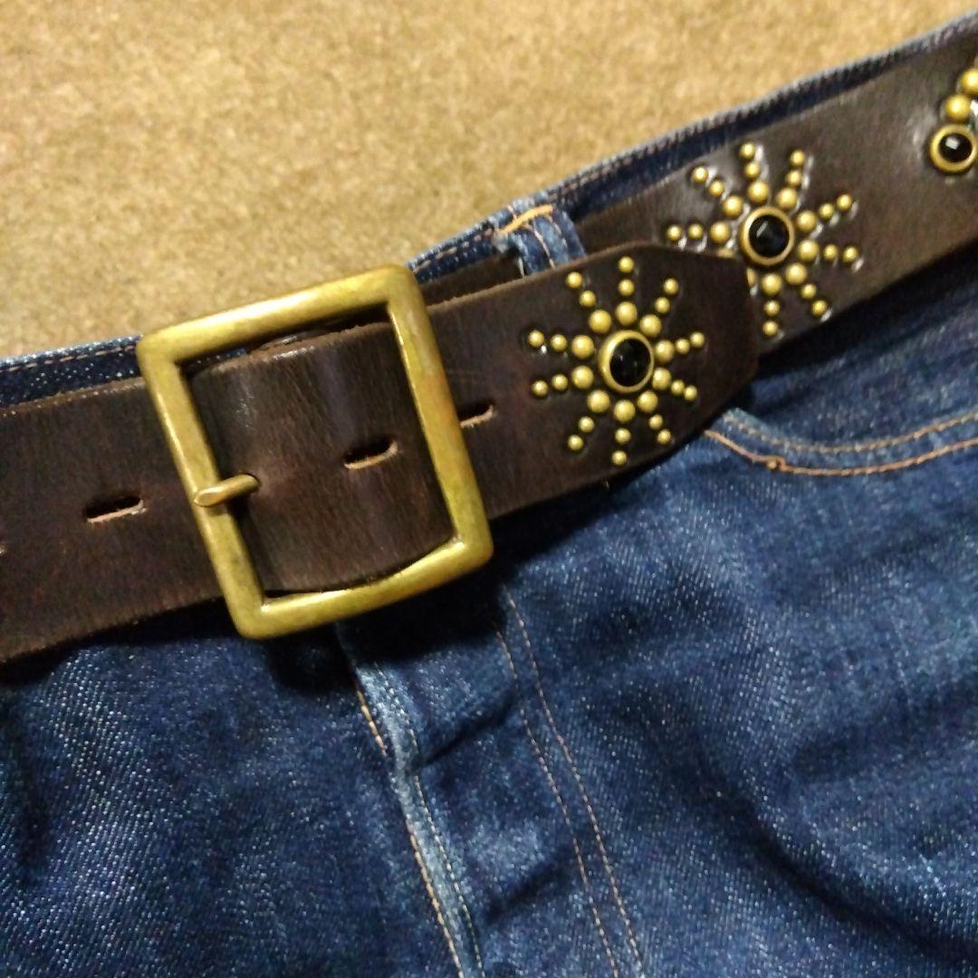 36inch HTC 茶芯 ピーナッツ レザー スタッズベルト ブラック