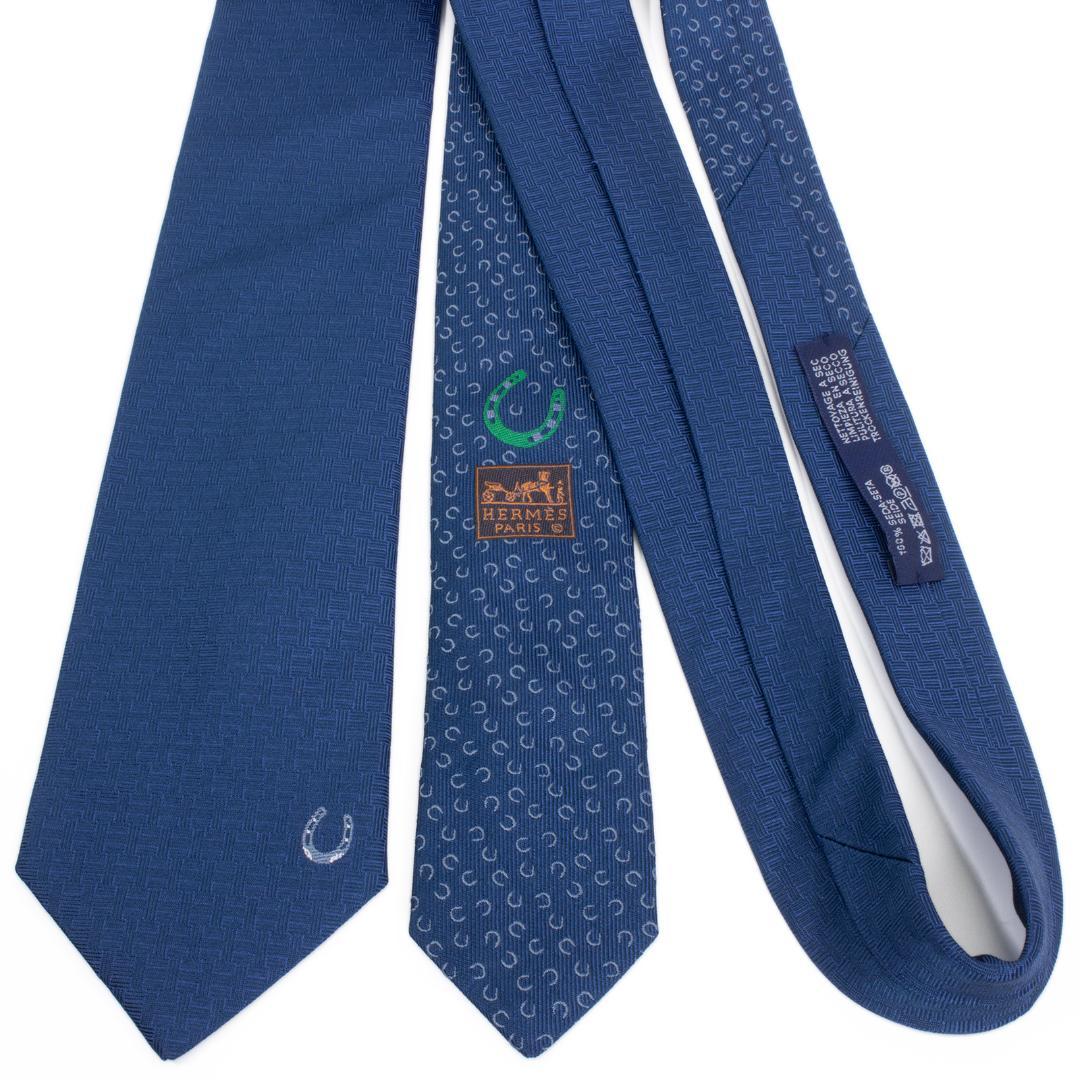エルメス ネクタイ ジャガードタイ 青 ブルー 白 総柄 Hロゴ マーク 蹄鉄
