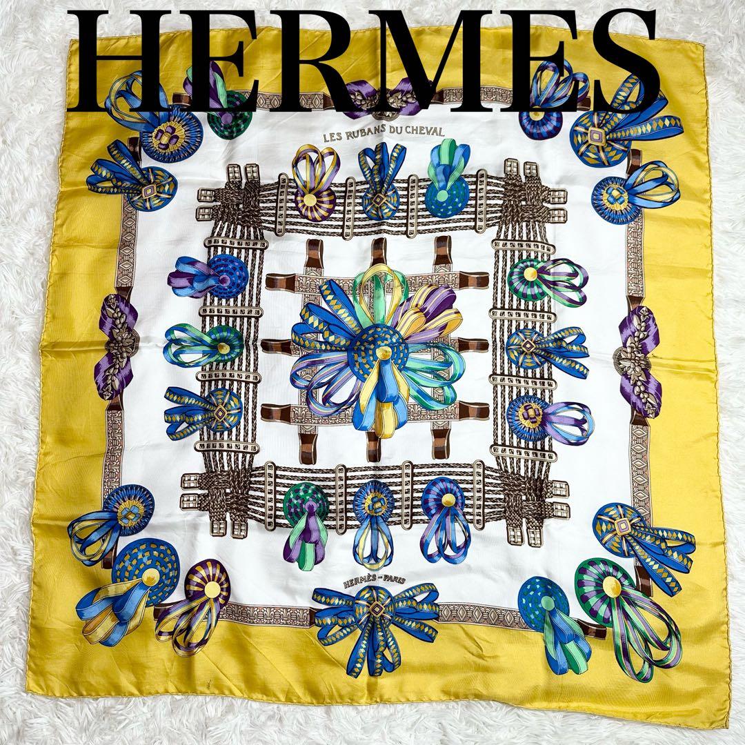HERMES エルメス スカーフ シルク カレ90 大判 馬のリボン飾り マルチ