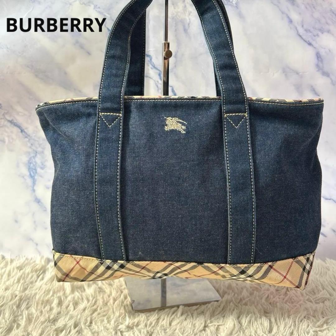 【バーバリーロンドン】　デニムトートバッグ　インディゴ　ノバチェック