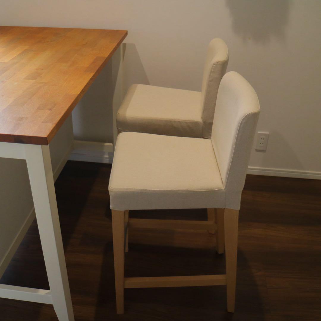 【IKEA 4点セット】カウンターテーブル＆カバー付椅子2脚＆新品椅子カバー1枚