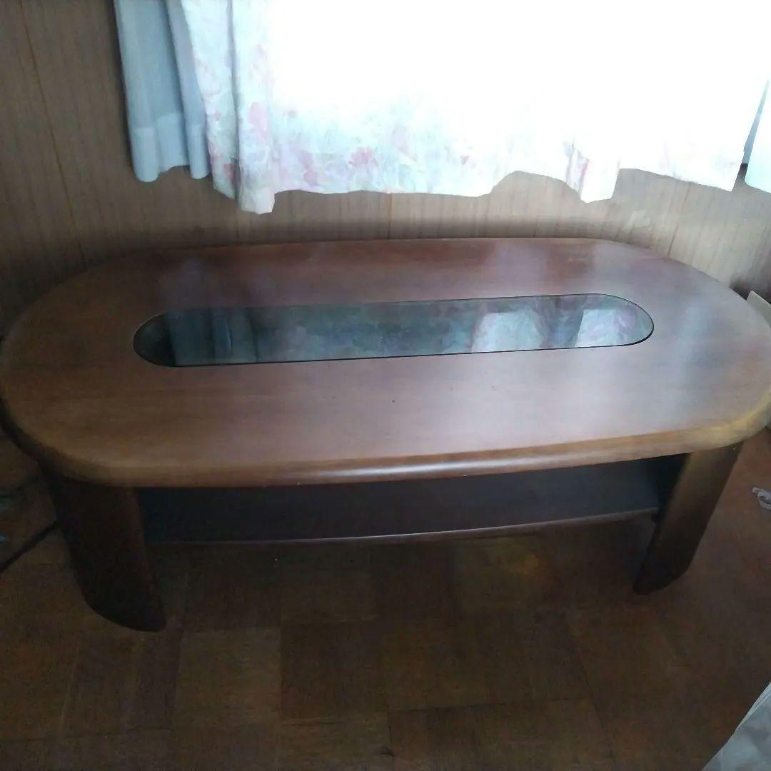 木製楕円形テーブル ガラス窓付き