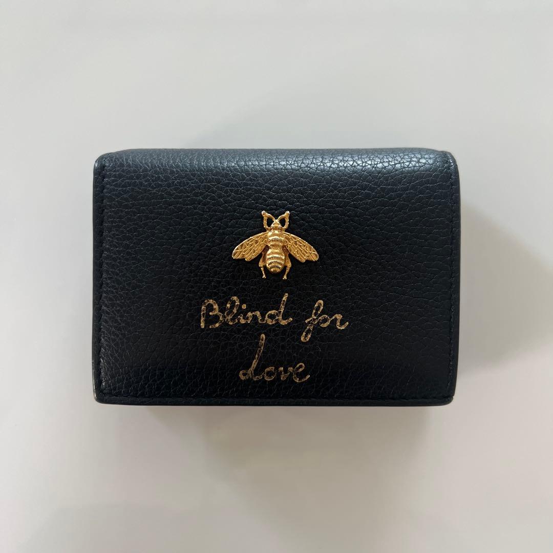 GUCCI 二つ折り財布 アニマリエ ビー ブラックレザー　蜂　ゴールド