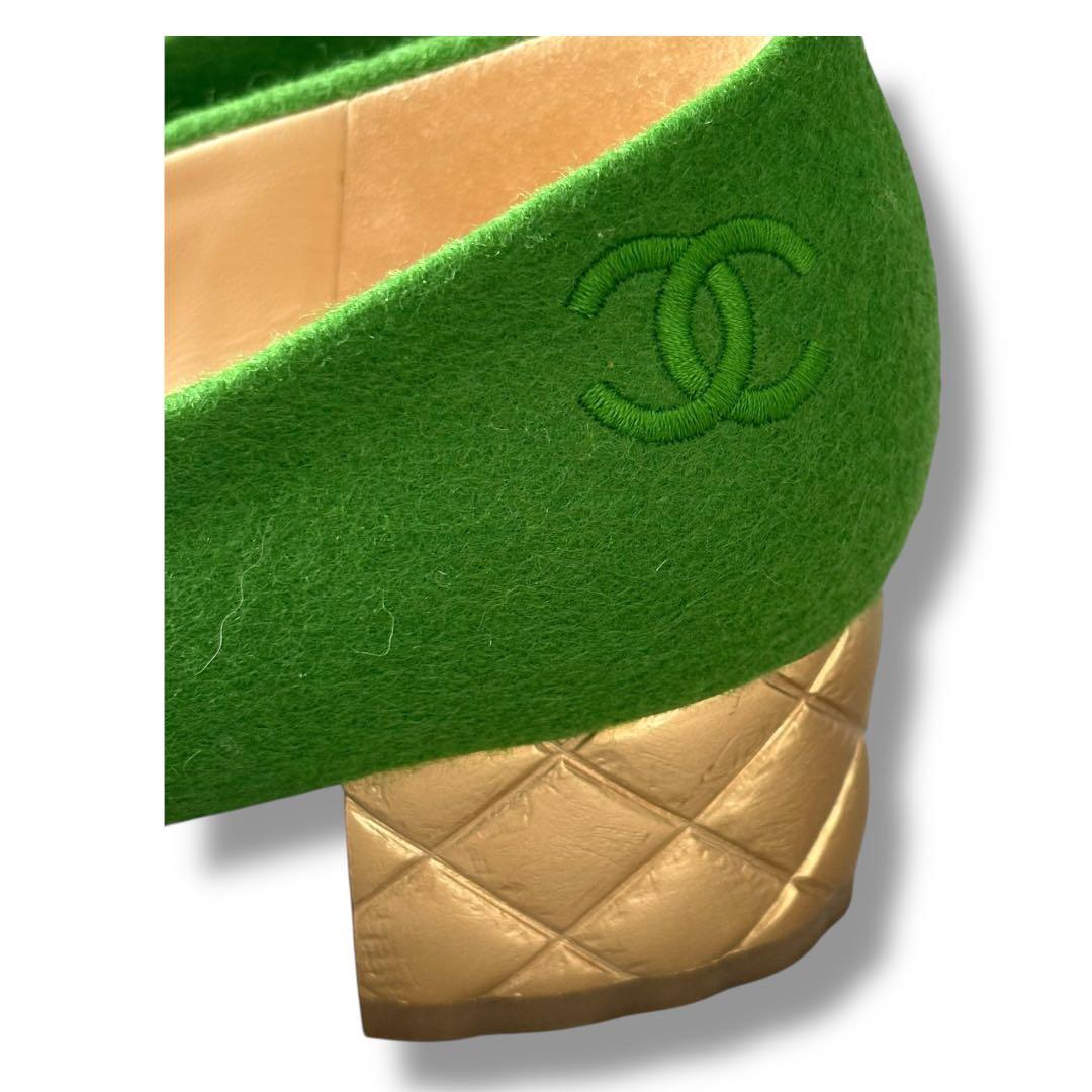 美品 シャネル CHANEL カメリア フェルトパンプス 希少色 緑【38C】