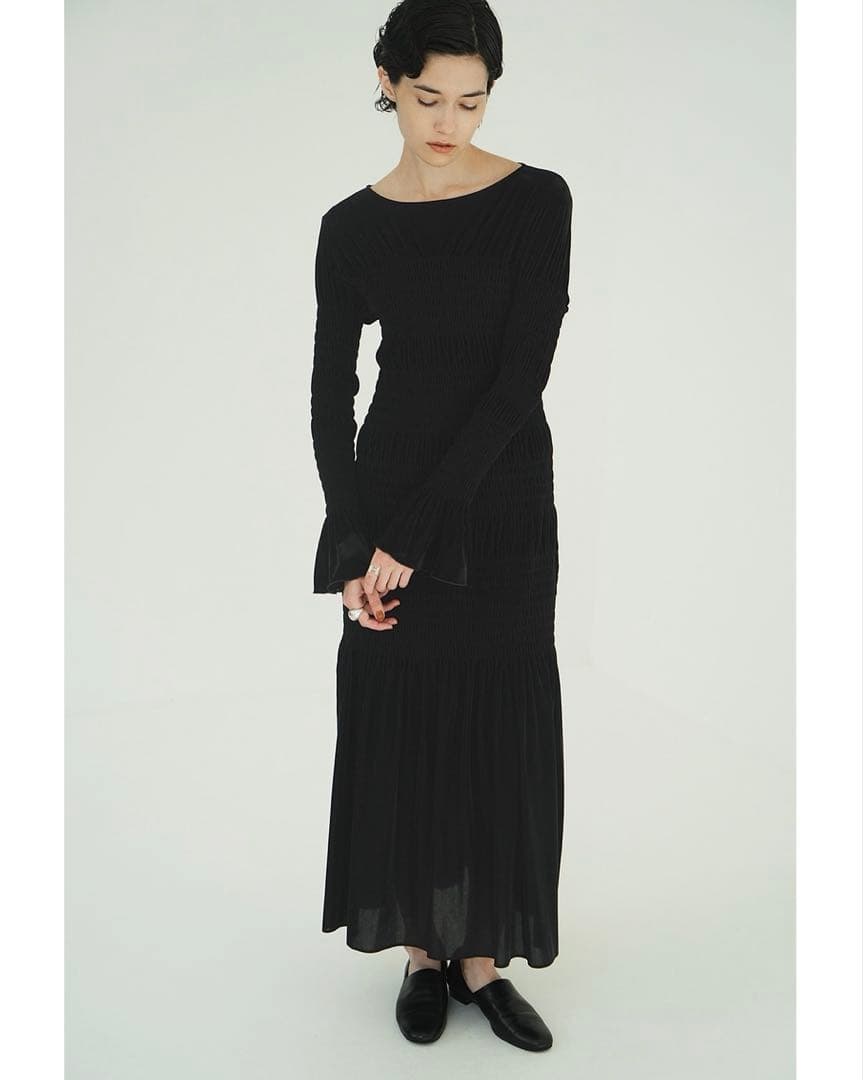 CLANE SHIRRING LONG ONEPIECE ブラック